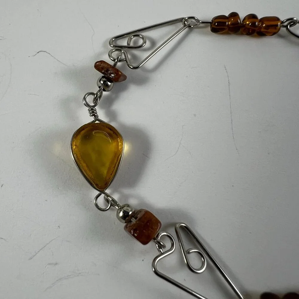 Handcrafted Silver Chain Bracelet With Amber-Colored Beads & Teardrop Pendant